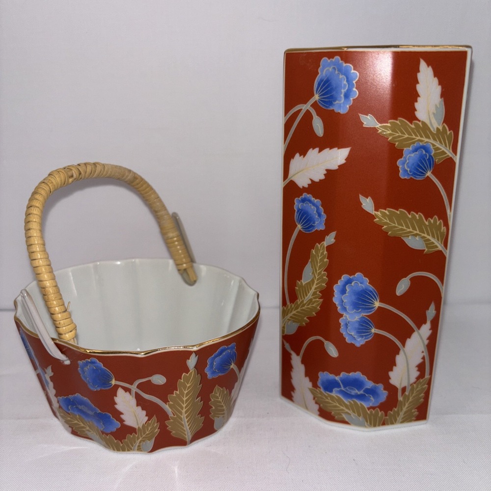 Vintage 60s Takahashi Ceramic Porcelain Vase Basket Bamboo Handle Elan Japan